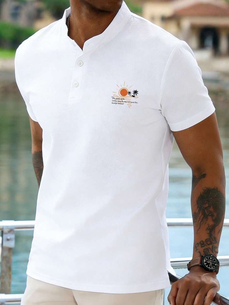 Men's Casual Henley Neck Short Sleeve T-Shirt, Summer Holiday Style for ...
