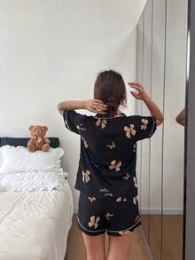 Dreamivo Black Bow Tie Pattern Short Pajama Set - Short Sleeve Button Collar Top And Pants, Soft Satin Sleepwear, Machine Washable, Can Be Worn Outerwear - Black - View 2