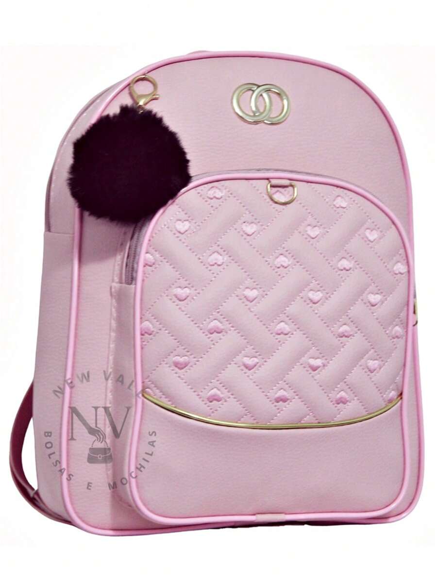 Mochila Feminina Bolsa Mochilinha Estampa Descolada e Delicada + Chaveiro Pompom. - Rosa Bebê - Visão 1