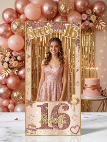 1个巨型甜美16岁生日派对相框 - 玫瑰金闪光装饰16岁生日派对背景，适用于自拍区、甜品桌装饰和生日相册 - 彩色 - 查看 9