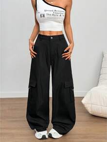 Women's Stylish And Chic Solid-Color Cargo Pants, Loose And Practical With Multiple Pockets, Sweet And Casual, Perfect For Street Style, Brunch, And Spring And Summer Outfits. - màu đen - Xem 6