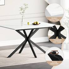 Extendable Dining Table And Chairs Set Of 6, Concrete Effect Rectangular Table With Upholstered Faux Leather Chairs For Dining Room,Kitchen - White Marble Table + 4 Black PU Chairs - View 4