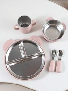 Bộ đồ ăn dặm cho bé bằng thép không gỉ, đế hút silicon, bao gồm bát, cốc, đĩa chia ngăn, nĩa và thìa. - Nhiều màu - Xem 5