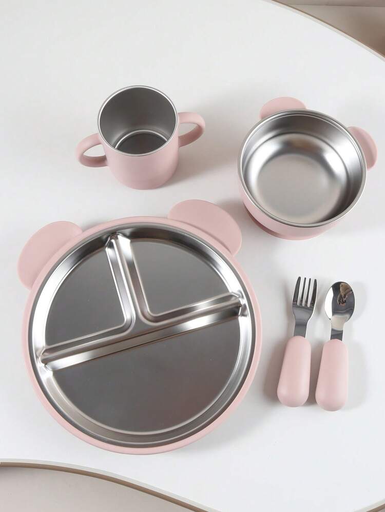Juego de vajilla para bebé con forro de acero inoxidable y succión de silicona, que incluye tazón, taza, plato dividido, tenedor y cuchara - Multicolor - Añade 5