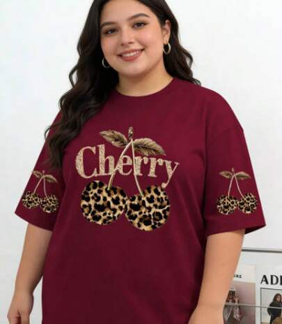 Camiseta de manga corta y cuello redondo en color burdeos para mujer, con estampados de leopardo y cerezas, es adecuada para vacaciones de verano, la playa, festivales, primavera, el Día de San Valentín, el Carnaval, y también es un regalo ideal para el Día de la Madre.
