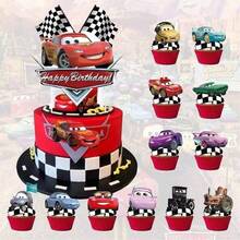 Hasbro Conjunto de decoración para fiesta de cumpleaños con tema de autos, decoraciones grandes para pastel, decoraciones de cupcakes con estilo de carreras a cuadros en blanco y negro, accesorios de decoración para mesa de postres adecuados para fiesta de cumpleaños - Multicolor - Ver 2
