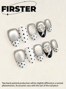 10片中号椭圆形手工按压式美甲贴片，银色法式波点图案，3D斑点狗蝴蝶结美甲，亮面亚克力美甲贴片，可重复使用，适合日常佩戴和派对美甲 - 彩色 - 查看 1