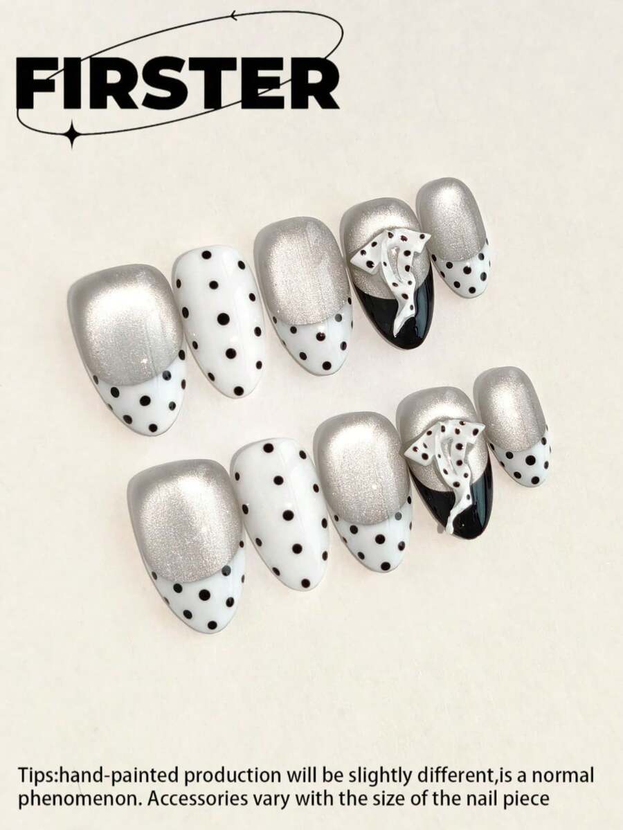 10片中号椭圆形手工按压式美甲贴片，银色法式波点图案，3D斑点狗蝴蝶结美甲，亮面亚克力美甲贴片，可重复使用，适合日常佩戴和派对美甲 - 彩色 - 查看 1