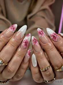 24PCS Pure Desire Style Sheer Nude Gradient Hand-Painted Pink Cherry Blossom Flowers With White Edge Luxury Press-On Nails Removable Nail Art - White - View 1