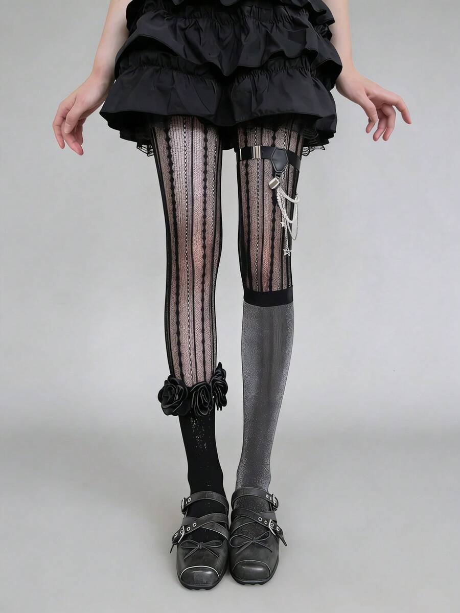 1 Pair Y2K Lace Hollow Out Pantyhose/Women's Ins Fashionable, Grunge Striped Fishnet Tights, Brown Transparent Grid Vertical Striped Thigh High Socks, Punk Rock Stockings Suitable For Party, Music Festival, Street Wear