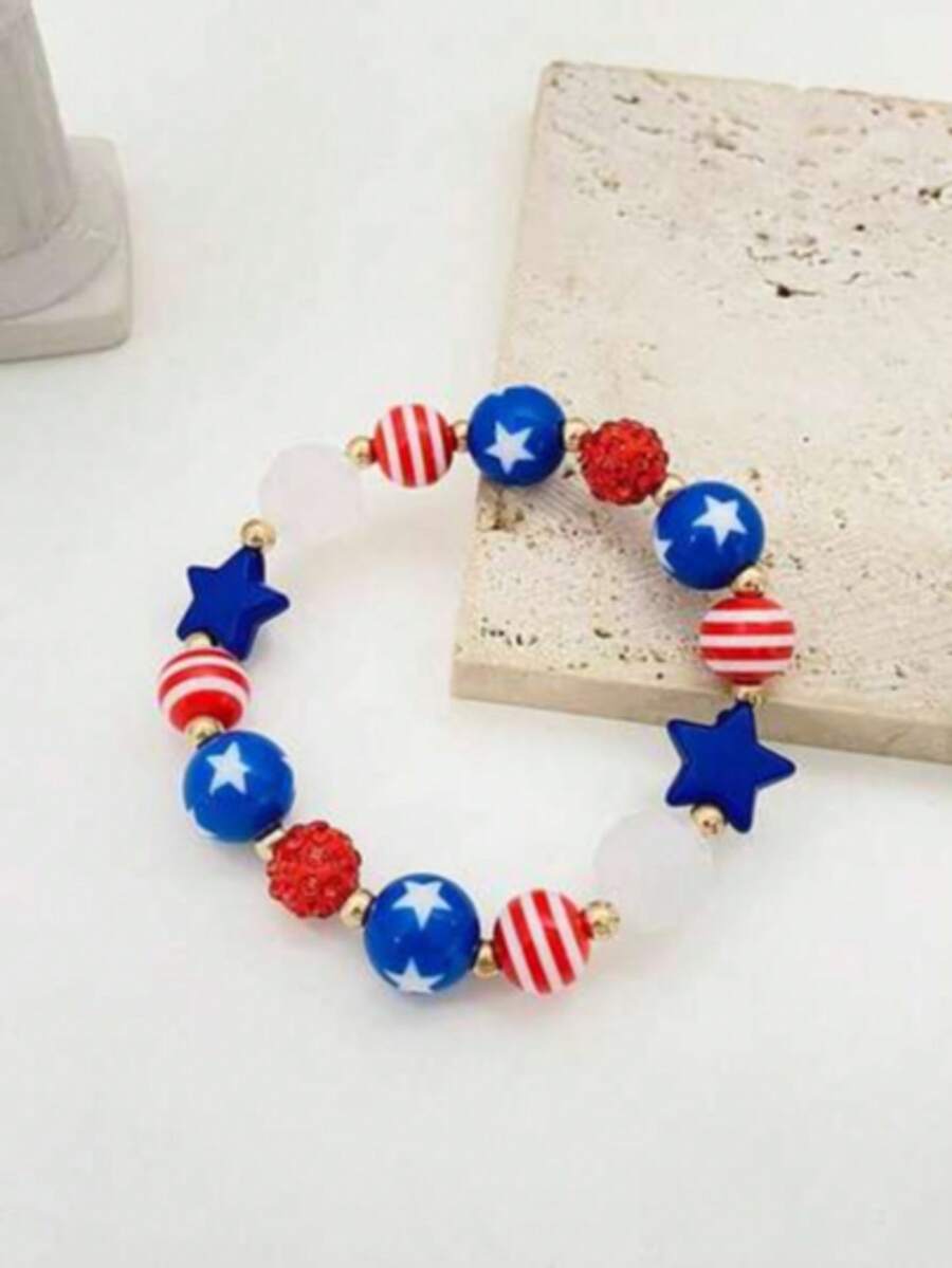 1件时尚新款美国国庆日主题串珠手链，男女皆宜，日常佩戴或节日礼物。 - 彩色 - 查看 1