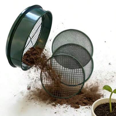 一套户外30厘米直径圆形筛，带十字支撑，重型，3个可互换筛板（3毫米、6毫米、12毫米网孔），用于土壤分级、颗粒筛分，适用于多种场景