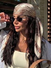 1pc Women's Casual Retro Paisley Print Scarf/Satin-Textured 90cm Square Scarf, Fashionable Headscarf For Spring/Autumn, Suitable For Vacation, Beach Party, Travel. Can Be Used As Waist Wrap, Bag Decoration, Ribbon, Headband Or Headscarf.,Holiday - Khaki - View 1
