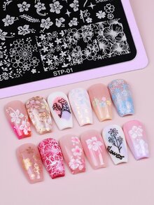 1件可重复使用的金属花卉美甲印花模板，包含芙蓉花、春樱花、雏菊花瓣和叶子图案，适合春夏美甲沙龙DIY美甲装饰 - 彩色 - 查看 2