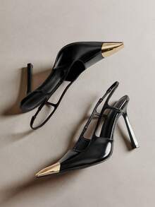 Hauture 优雅女士黑色漆皮露跟尖头金属鞋头方头细高跟鞋性感春夏度假派对鞋 - 黑色 - 查看 5