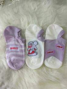 Meia invisível feminina estampada algodão fina primavera verão, meia soquete antiderrapante que não escorrega, desenhos coelho elefante coala pato, cano baixo, várias cores disponíveis - Malva - Visão 3