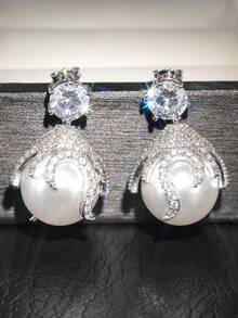 1 Pair Women's Elegant Cubic Zirconia Faux Pearl Dangle Earrings, Suitable For Weddings, Engagements, Parties, Valentine's Day Gift - 1# - View 6