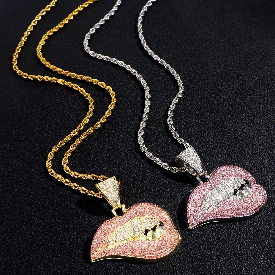 新款男女嘻哈咬唇形吊坠项链，配13毫米水晶链，镶钻闪亮嘻哈项链饰品 - 嘴巴 - 查看 1