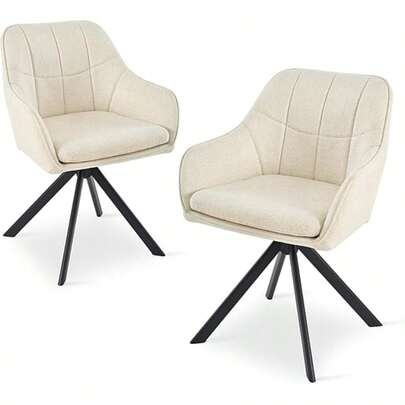 Goeurvant Modern Grid-Stitched Upholstered 360° Swivel Dining Chairs With Armrests And Removable Cushion For Dining Room, Living Room, Office - Set Of 2 / Set Of 4 / Set Of 6--Cream-Chenille