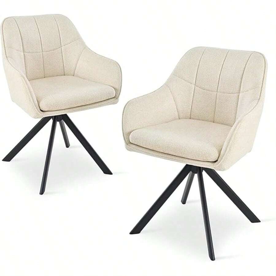 Goeurvant Modern Grid-Stitched Upholstered 360° Swivel Dining Chairs With Armrests And Removable Cushion For Dining Room, Living Room, Office - Set Of 2 / Set Of 4 / Set Of 6--Cream-Chenille - Cream - View 1