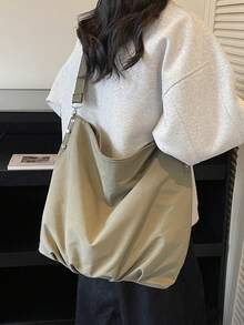 1 Piece Beige Soft Foldable Canvas Large Capacity Open Top Hobo Bag For Women & Daily Commute - Multicolor - View 7