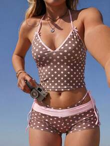 女士休闲度假波点性感露背吊带短款上衣和短裤两件套，V领背心，百搭休闲性感时尚家居服 - 彩色 - 查看 1