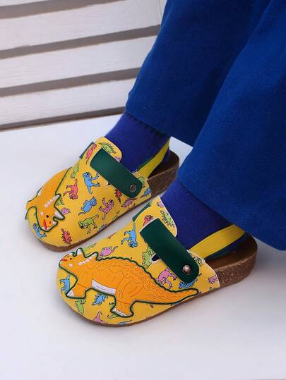 1 Pair Stylish Wooden Clog Sandals With Dinosaur Design, Birkenstocks Style, Easy Slip-On For Indoor & Outdoor Wear
