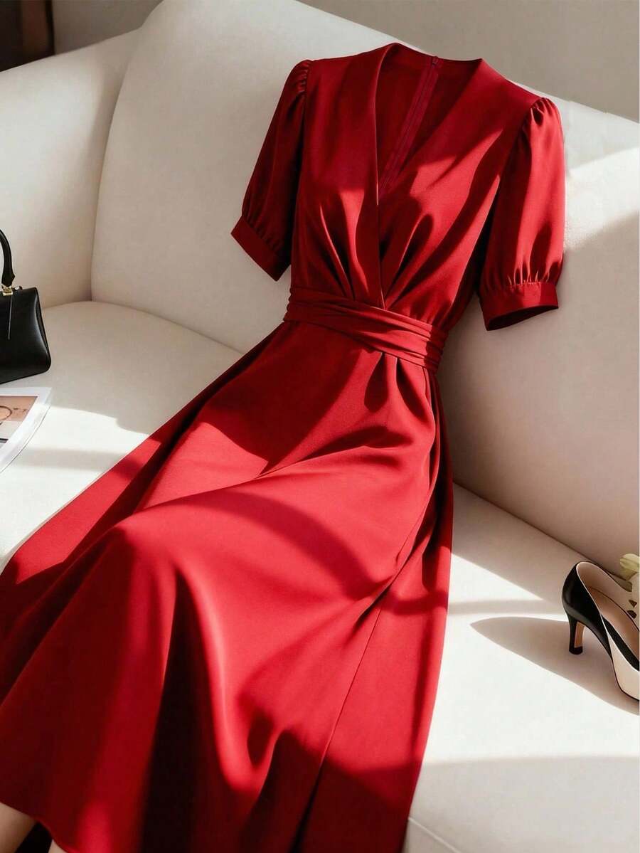 Đầm kiểu vintage cổ chữ V buộc dây mới dành cho nữ, thích hợp cho mùa hè, thanh lịch. - Đỏ - Xem 1