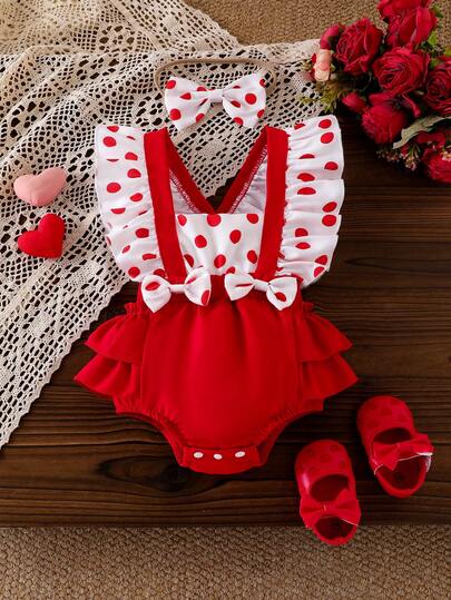 2pcs Baby Girl Summer Cute Sleeveless Backless Polka Dot Bow Patchwork Contrast Color Layered Romper With Bow Headband