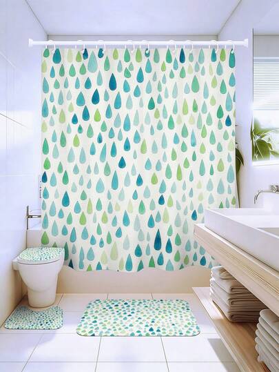 Bộ 1/3/4 món rèm tắm hình giọt nước xanh dương & xanh lá cây, 72in*72in - Họa tiết giọt mưa màu nước trên nền trắng, phụ kiện phòng tắm chống thấm nước & chống nấm mốc - Bao gồm bọc bồn cầu, thảm chữ U và thảm chống trượt, làm từ vải polyester dệt kim - Có thể giặt, thích hợp cho mùa xuân, trang trí phòng tắm nhà/khách sạn/ký túc xá/ngoài trời/trường học, đồ dùng cần thiết cho năm học mới, quà tặng tân gia/Ngày của Mẹ, món quà tuyệt vời nhất cho người yêu nghệ thuật. [Đi kèm 12 móc]