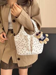 Túi tote màu trắng dễ thương in hình trái tim và nơ, kèm móc khóa hình gấu bông, túi xách đeo vai Kawaii dành cho nữ, phù hợp sử dụng hàng ngày và đi học. - Màu be - Xem 5
