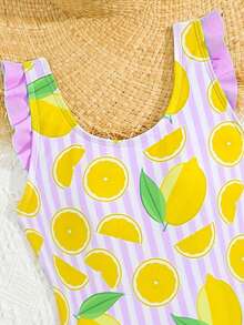 Tween Girls Knit Cute Lemon Digital Print Design Deep V-Neck Swimsuit Set, Suitable For Beach, Summer, Vacation, Seaside, Elegant Lady Fashion - Mauve Purple - View 3