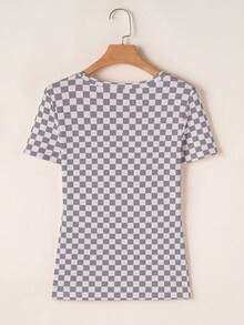 Acelitt Camiseta de manga corta de ajuste ceñido con cuello redondo, estampado de ajedrez en bloques de color, de color gris claro, adecuada para salidas casuales - Gris Claro - Ver 4