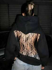 2026 Autumn-Winter New Women's Fashion Solid Color Backless Openwork Mesh Hooded Sweatshirt, Casual Fashion Long-Sleeved Sweatshirt, And Halloween - 黑色蕾絲 - 查看 1