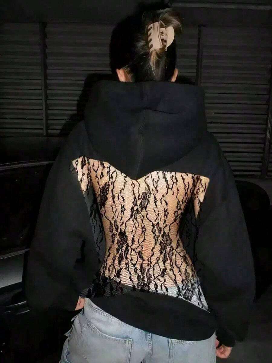 2026 Autumn-Winter New Women's Fashion Solid Color Backless Openwork Mesh Hooded Sweatshirt, Casual Fashion Long-Sleeved Sweatshirt, And Halloween - 黑色蕾絲 - 查看 1