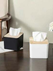 Caja de pañuelos con tapa de madera, caja de pañuelos de gran capacidad, elegante caja de pañuelos de plástico blanco moderno con tapa abierta y esquinas redondeadas, caja de pañuelos con base de resorte, adecuada para dormitorio, baño, oficina, comedor, sala de estar, Día Nacional, Día de San Valentín. - Blanco y Negro - Ver 4