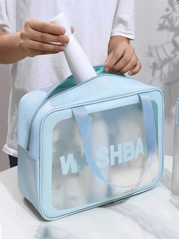 1 pieza/Set de 3 piezas Bolsa de cosméticos grande de PVC transparente azul, de doble función como bolsa de aseo, hecha de material impermeable de PU, bolso portátil para mujeres. El diseño de gran capacidad satisface diversas necesidades de almacenamiento de viaje, puede contener fácilmente cosméticos y artículos de tocador, accesorio de viaje esencial para mujeres.