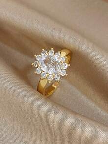 18K Gold Plated Anti-Fading Elliptical Flower Zirconia Ring Set,Women's Ring Set,For Women,Party,Daily,Birthday/Halloween/Christmas Gifts,Boho/Y2K - Multicolor - View 7