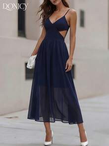 DONICY 藏蓝色夏季度假连衣裙，女士时尚露背吊带镂空中长连衣裙，飘逸裙摆，后背褶皱设计，优雅晚礼服 - 藏蓝色 - 查看 7
