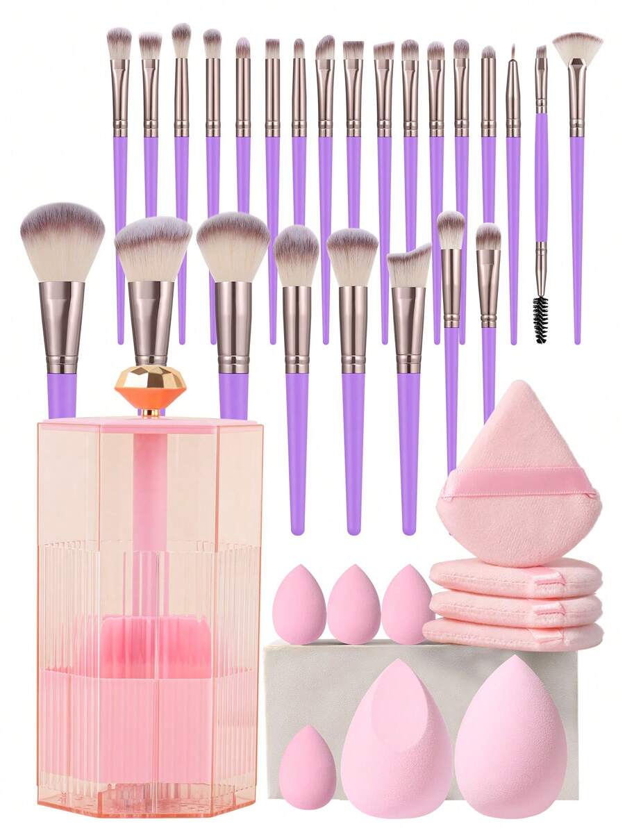 36PCS Makeup Tool Set Includes: 25PCS Makeup Brush Set+2PCS Makeup Sponge+4PCS Triangular Powder Puff+4PCS Mini Makeup Sponge+1pc Storage Bin - Multicolor - View 1