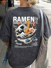 Classic Retro Y2K Style Ramen Graphic T-Shirt, Japanese Food Culture Pattern, Comfortable Fit - Dark Gray - View 1
