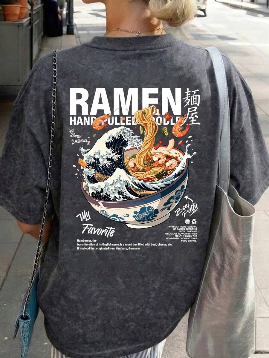 Classic Retro Y2K Style Ramen Graphic T-Shirt, Japanese Food Culture Pattern, Comfortable Fit - Dark Gray - View 1