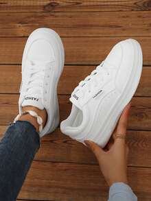 Nouvelles baskets blanches décontractées de printemps, semelle épaisse, plateforme, bout rond, légères, confortables, antidérapantes, durables, respirantes, mode polyvalente, style de rue court, chic sportif, chaussures vulcanisées pour femmes - Blanc - Voir 7