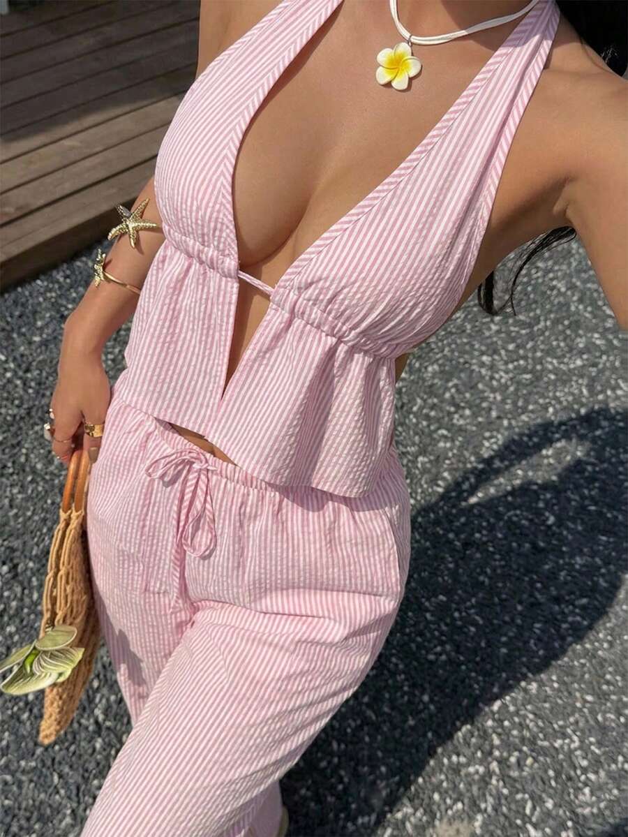 Women's Striped Deep V-Neck Halter Top And Wide Leg Pants Sexy 2 Pieces Set For Dating, Vacation, Outing - Pink - View 1
