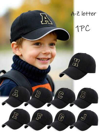 1pc Kids Black 26 Letter Pattern Baseball Cap, Fashionable Versatile Practical Sun Protection, Suitable As Birthday, Back To School Season Gift, Everyday Outdoor, Casual, Travel, School Use For Boys And Girls In Spring/Summer