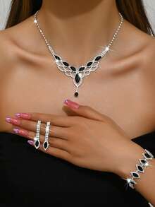 Set de joyas de moda de 3 piezas/4 piezas, collar, pendientes y pulsera de piedras preciosas negras, perfecto para fiestas y ocasiones especiales de mujeres - conjunto de joyas de cuatro piezas - Ver 3