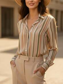 YUXIN Vintage Contrast Vertical Striped Button-Up Shirt, Women's Loose Stand Collar Top, Fashionable & Elegant Apparel For All Seasons Spring - Green - View 7