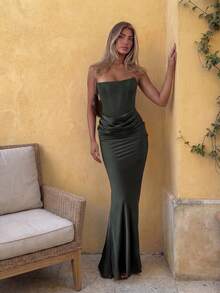 Solid Color Elegant Casual Backless Cocktail Dress, Graceful Party Formal Evening Gown, Suitable For Wedding Guest, Vacation, Date - Green - View 7