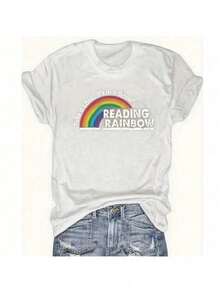 Women's T-Shirt Fitted Tops Print Y2K Crew Neck Tee-Plus Size - Women'S Red T-Shirt - Reading Rainbow Graphic Tee With Book Design - Casual Everyday Shirt For Teachers, Book Lovers - Valentine'S Day & Back To Outfits - Soft Everyday Top, Teacher Apparel, Playful Design, Comfortable Fit-Summer Festival Fashion,  Adult Heavyweight T-Shirt - 白色 - 查看 18