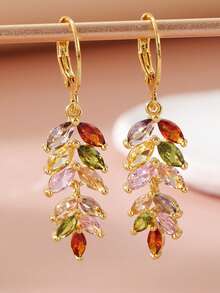 1 Pair Vintage & Luxurious Colorful Cubic Zirconia Wheat Ear Rings, Suitable For Party And Wedding, Perfect Romantic Gift For Her - Gold - View 7